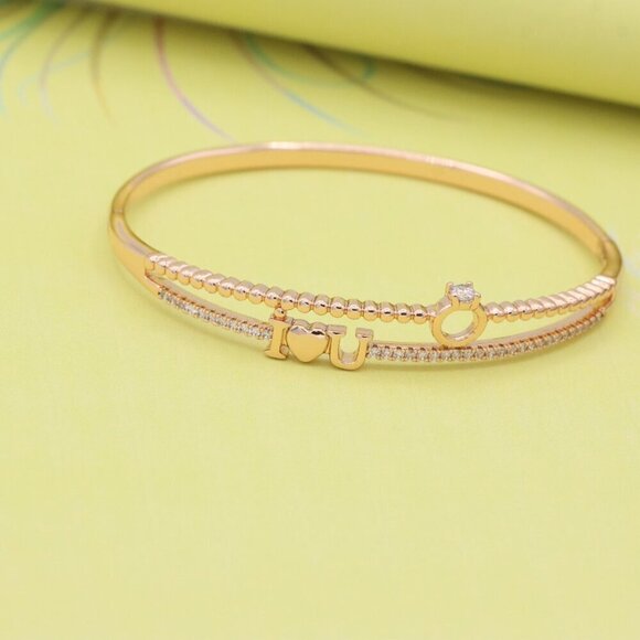 Dainty “I ❤️ U” Rose Gold Bangle with Diamond Ring Charm, XPBL0469 - Picture 3 of 10